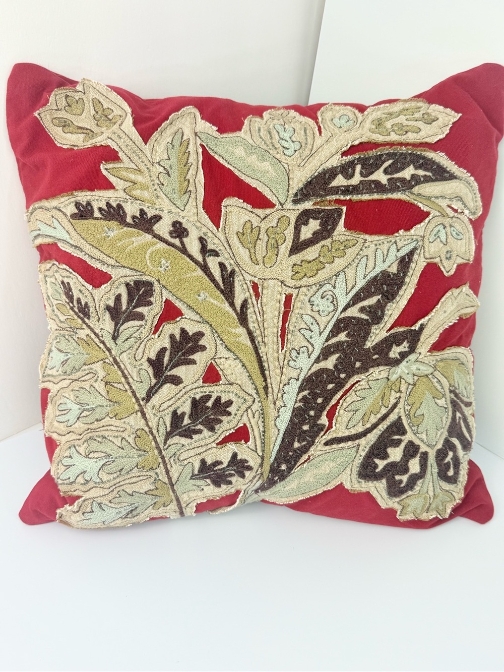 Pottery Barn Red Taupe Botanical Applique Bead Sparkle Square Accent Pillow